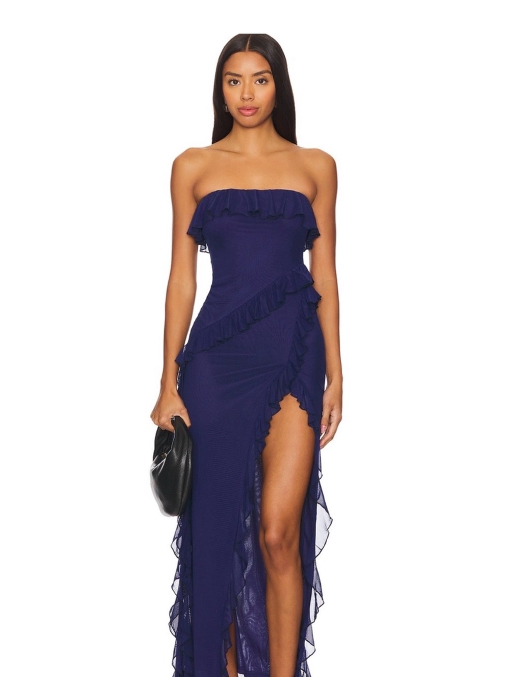 REVOLVE Navy Strapless Ruffle High-Slit Maxi Dress
